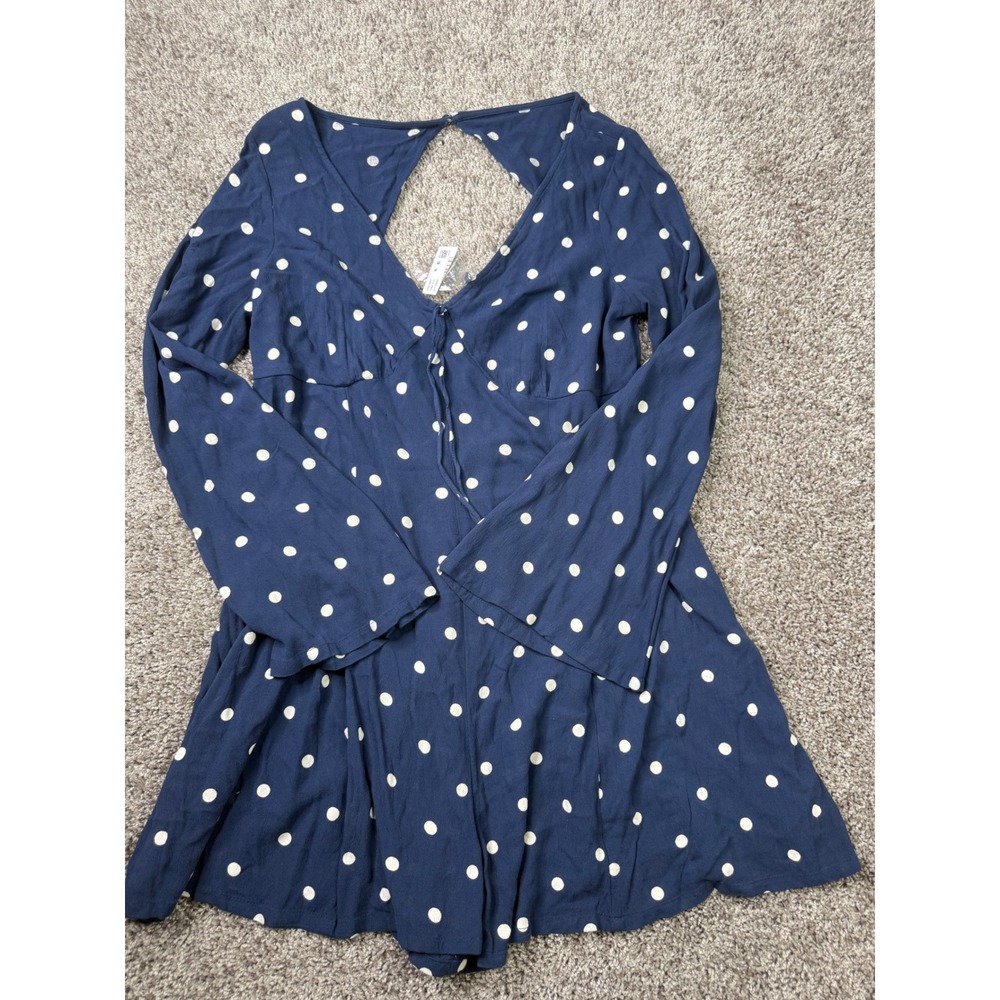American Eagle Navy Polka Dot Long Sleeve Romper Size Large Bell Sleeve Boho NEW